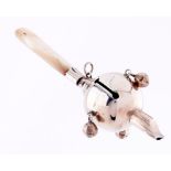 A silver baby's rattle-whistle mother of pearl teether, 13.5cm l, marks rubbed Minor dents and wear,