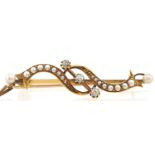 A diamond and split pearl brooch, in gold, 4.1g