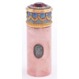 A jewelled gold mounted, guilloche and rose quartz set scent bottle, c1900, probably French or