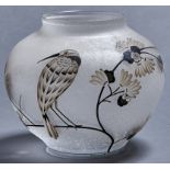 A Daum enamelled glass vase, c1925, etched and painted in pale pink and black enamel with a bird and