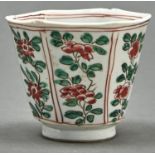 A Chinese famille verte hexagonal cup, Qing dynasty, Kangxi period, of flared hexagonal shape,