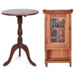 A light wood round topped tripod table, late 19th / early 20th c, baluster column and three out