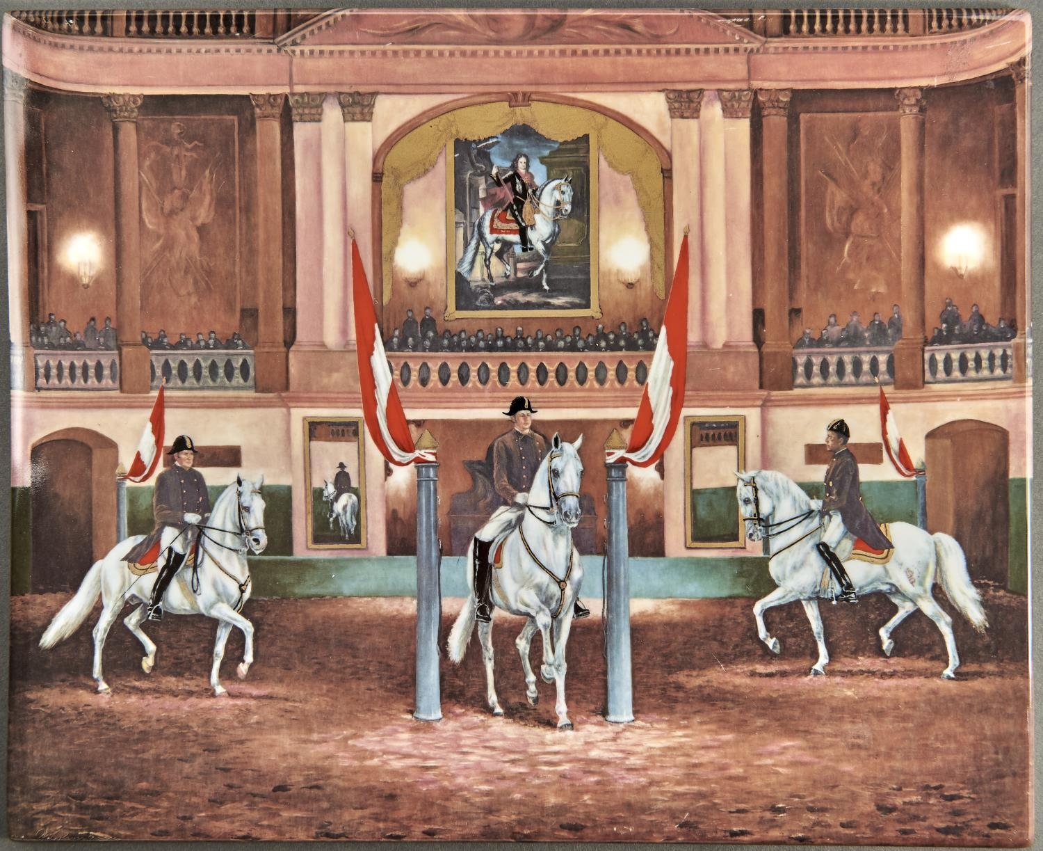 A Continental porcelain plaque, 20th c, printed and painted with Lipizzaner horses in the Spanish