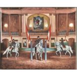 A Continental porcelain plaque, 20th c, printed and painted with Lipizzaner horses in the Spanish