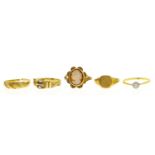A diamond ring, illusion set, in gold, unmarked, 1.6g, size O, a cameo ring, in 9ct gold, 3.8g and