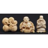 Three Japanese ivory netsukes, Meiji / Taisho period, 35mm and circa Slight wear and accretion of