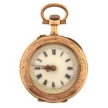 A gold keyless cylinder lady's watch, with enamel dial and filigree hands in engraved case, 27mm,