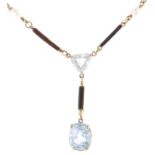 An aquamarine, baroque pearl, horn and 9ct gold necklet, 6.4g