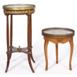 Two French graduated giltmetal mounted mahogany torcheres, late 20th c, with marble top, 48 and 78cm