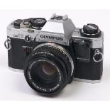An Olympus OM10 SLR 35mm camera body, with manual adaptor and Olympus OM-System 50mm F1.8 lens In