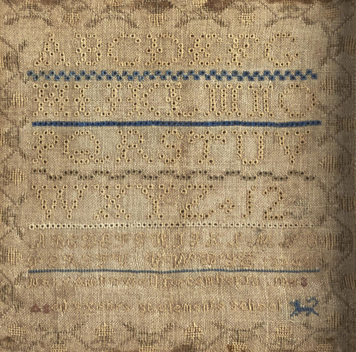 An English linen sampler, early 19th c, 29 x 29cm, maple frame Faded, veneers on frame chipped,