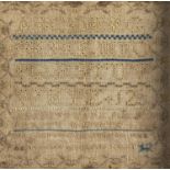 An English linen sampler, early 19th c, 29 x 29cm, maple frame Faded, veneers on frame chipped,