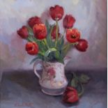 Edward Noott RBSA (1965 - ) - Tulips in a Lustre Ware Jug, signed (in red), oil on canvas, 49 x 49cm