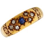 A Victorian sapphire and diamond ring, gypsy set in 18ct gold, Chester 1897, 3.1g, size O Slight