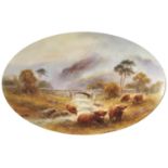 An English porcelain oval plaque painted by Milwyn Holloway (1940-2020) with highland cattle,