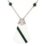 An Art Deco jade and malachite necklet, in white gold marked 9c, 7.9g