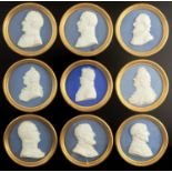Nine Sevres and Paris pale or deep blue-washed biscuit porcelain portrait medallions of eminent men,