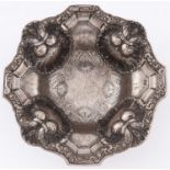 A Portuguese silver bowl, pierced and engraved with shells and strapwork, on domed foot, 21.5cm