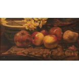 R Marshall, 1878 - Still Life with Fruit and Flowers, signed and dated, oil on canvas, 23 x 42cm