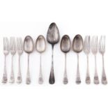 A set of six Edwardian silver dessert forks and four spoons, Old English pattern, by W Hutton & Sons