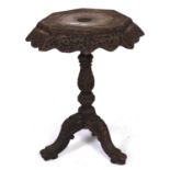 An Anglo-Indian carved and pierced black wood tripod table, Bombay (Mumbai), late 19th c, the