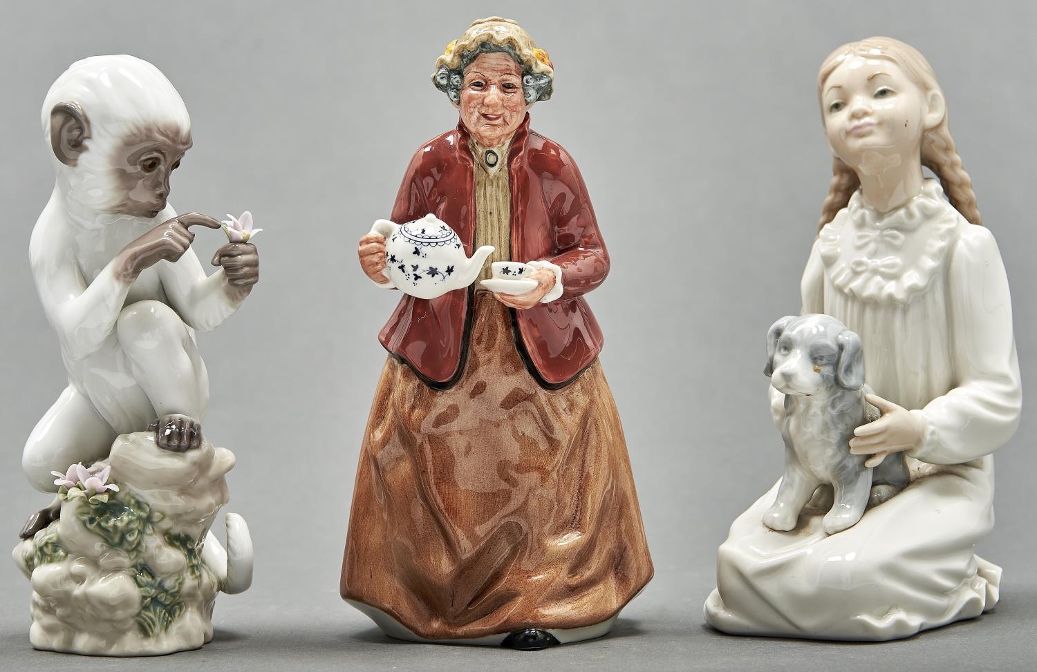A Royal Doulton bone china figure of Teatime and two Lladro and Nao figures, various sizes,