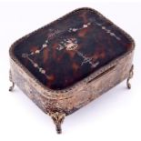An Edward VII gold, silver and mother of pearl inlaid tortoiseshell inset silver jewel box, on