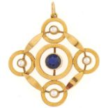 A sapphire and pearl pendant, in gold marked 18ct, 3.6g