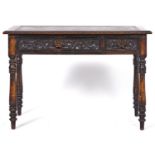 A Victorian oak Jacobean revival two drawer side table, the rectangular top inset with a gilt tooled