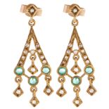 A pair of 9ct gold, diamond and emerald earrings, 2.1g