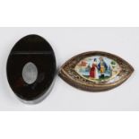 A French navette shaped pasteboard and reverse painted glass box and cover, 19th c, 12.5cm l and a