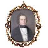 English School, c1850 - Portrait Miniature of a Gentleman, in gold brooch with inset hair, 66.9g