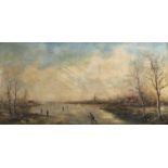 J Mienhuis, 20th c - Dutch Winter Scene with Skaters, signed, oil on canvas, 39.5 x 80cm Good