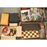 Various sets of chessmen and chess boards, including Chinese style resin reproductions, carved wood,