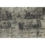Manner of L S Lowry - Harbour, bears signature, date and inscription, pencil on grey paper, 22 x