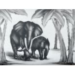 Hugues Engelhard (fl 1920s/30s) - Elephant and Calf, silver pochoir, signed, 47 x 62cm Excellent