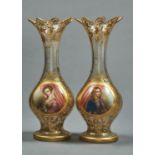 A pair of Bohemian overlay glass baluster vases, c1860, painted with a round medallion of a young