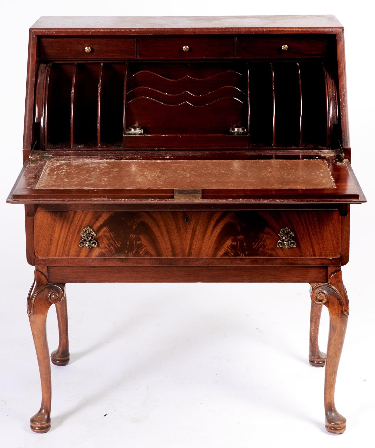A mahogany bureau, c1930, the sliding interior with pair of EPNS capped glass inkwells, on - Image 2 of 2