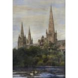 C G Murray, 19th / 20th c - The Minster Towers, Lichfield, etching, mounted to image, hand coloured,