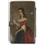 A japanned tinplate snuff box, 19th c, the lid painted with a three quarter length portrait of a