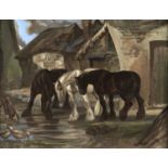 20th c School - Three Shire Horses in a Farmyard, indistinctly signed, oil on canvas, 34.5 x 44cm