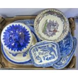 Various Victorian and later Willow pattern dinner ware, including meat plates, drainers, tureen