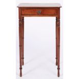 A George III mahogany side table, early 19th c, fitted with a drawer, on slender ring turned