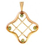 A demantoid garnet and seed pearl openwork trellis pendant, in 15ct gold, 27mm excluding loop,