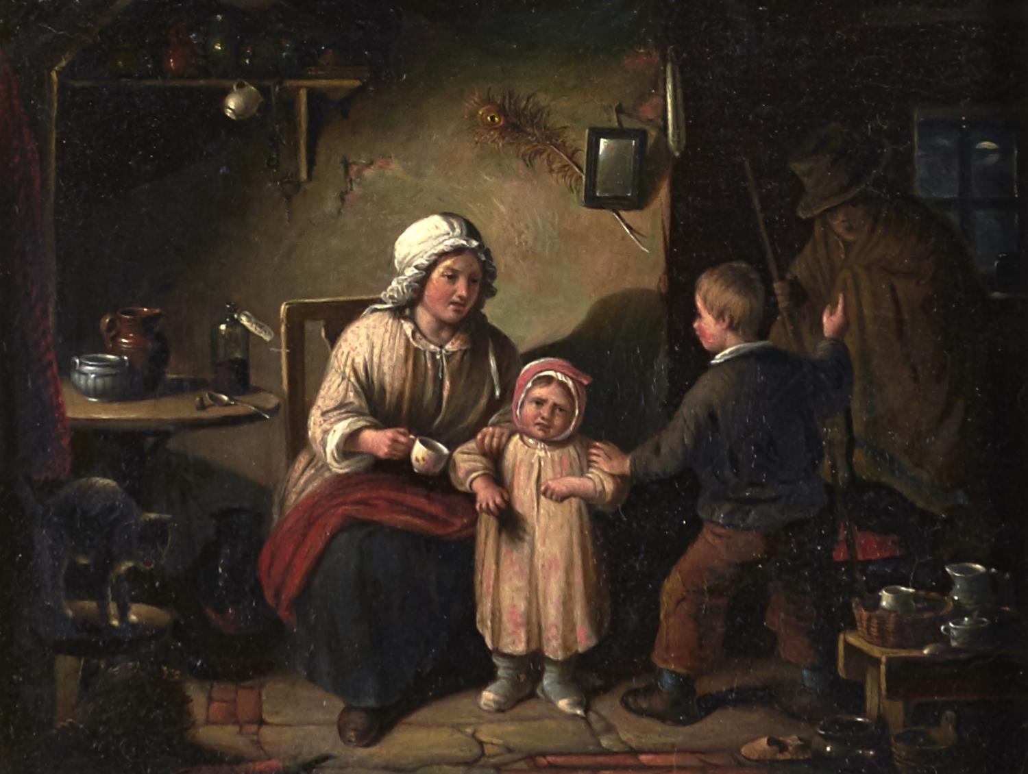 Victorian School - Taking the Medicine, a Cottage Interior Scene, oil on board, 23 x 30cm Good