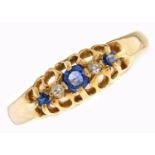 An Edwardian five stone sapphire and diamond ring, in 18ct gold, Birmingham 1903, 2.7g, size Q