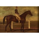 British School - Portrait of a Racehorse with Jockey up, oil on board, 22 x 33cm, maple frame Medium