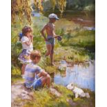 Vladimir Popov (20th / 21st c) - Three Children on a Riverbank, signed, signed again and