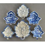 Four and a pair of leaf shaped pearlware pickle dishes, c1790 and early 19th c, the pair transfer