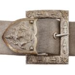 A South East Asian silver mesh belt waist belt and cast and chased silver clasp, 71cm l overall,